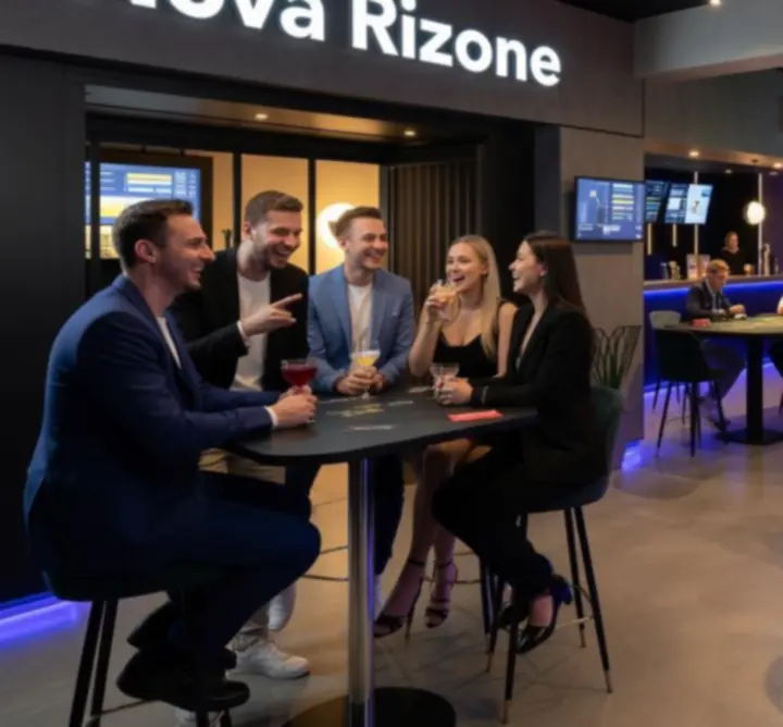 Wnętrze Nova Rizone z pokerowym stołem i ekranami sportowymi