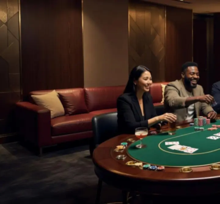 Grupa znajomych przy prywatnym stoliku pokerowym w Nova Rizone