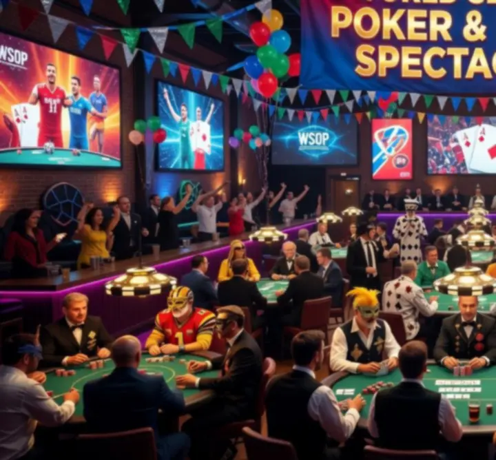 Tematyczny wieczór pokerowo-sportowy w Nova Rizone z kolorowymi światłami