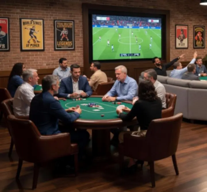 Przestronne, stylowe wnętrze Nova Rizone z widocznymi stołami pokerowymi i ekranami sportowymi